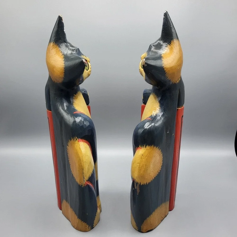 Wooden Cat Bookends Hand Painted Folk Art Colorful Shelf Decor Blue Yellow Red